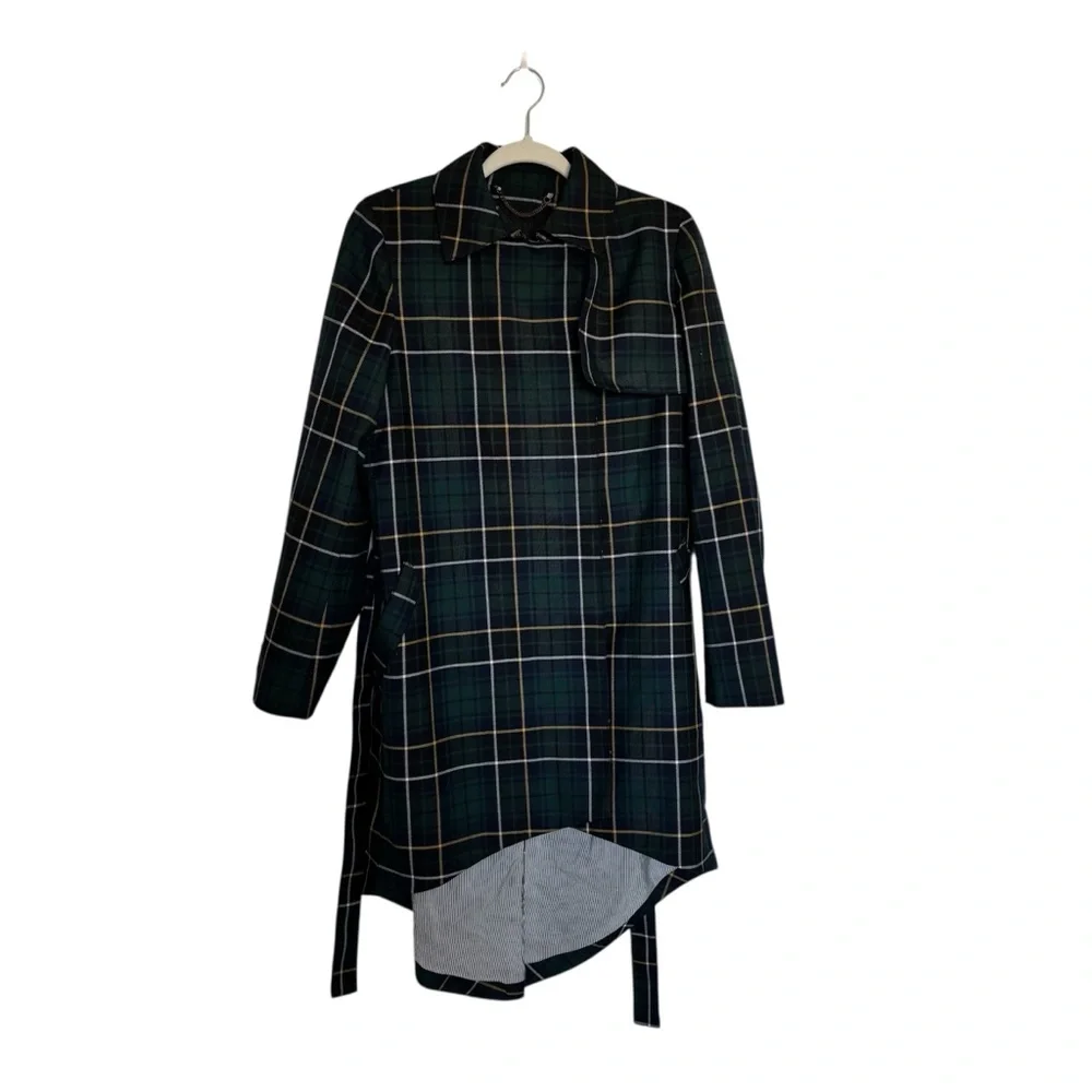 J. Crew Collection Green Navy Tartan Plaid Classic Belted Wool Blend Trench Coat